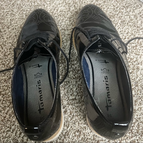 Tamaris Oxford Style Patent Leather Lace Up Platform Shoes - Picture 3 of 6